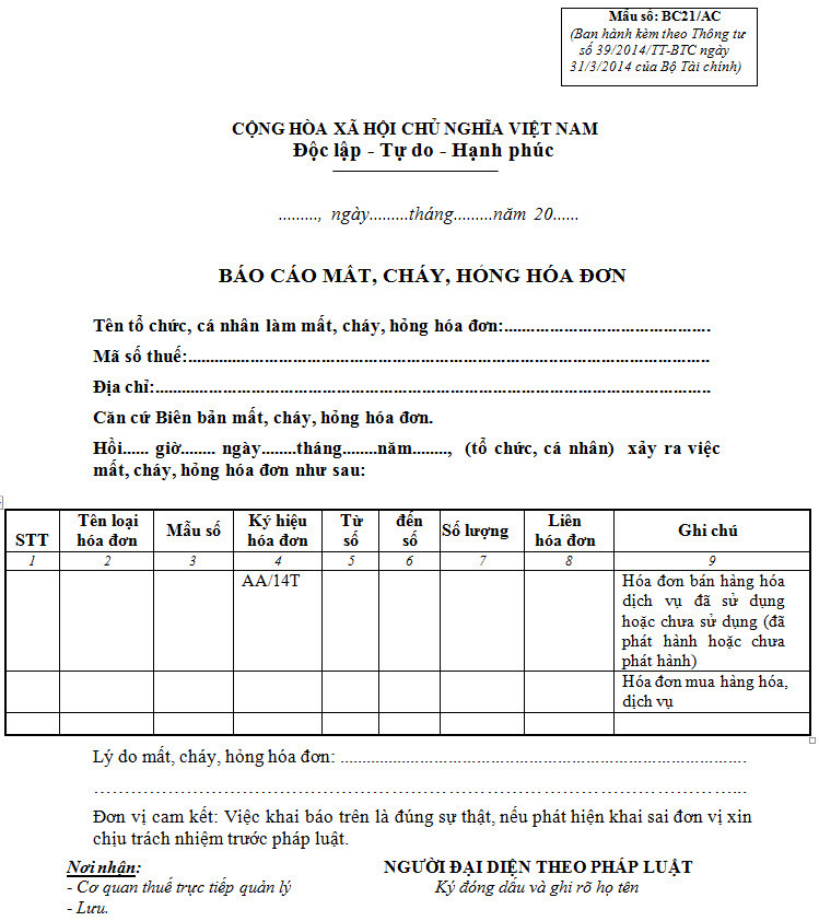 Biên bản ghi nhận sự việc mất hóa đơn