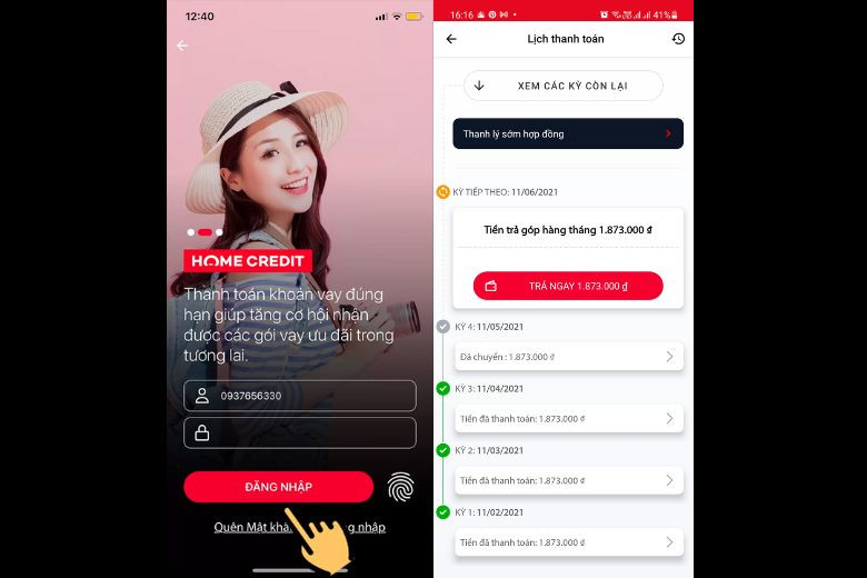 Tra hợp đồng trả góp Home Credit trên điện thoại