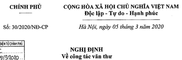 Nghị định 30/2020/NĐ-CP về công tác văn thư