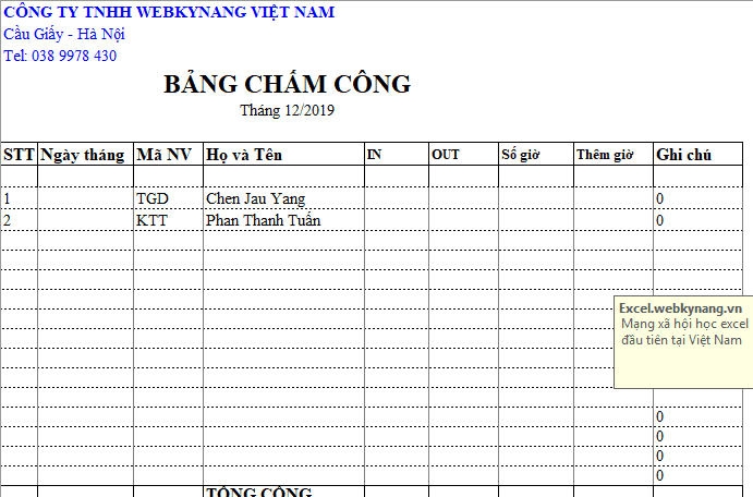 Mẫu bảng chấm công theo giờ mới nhất
