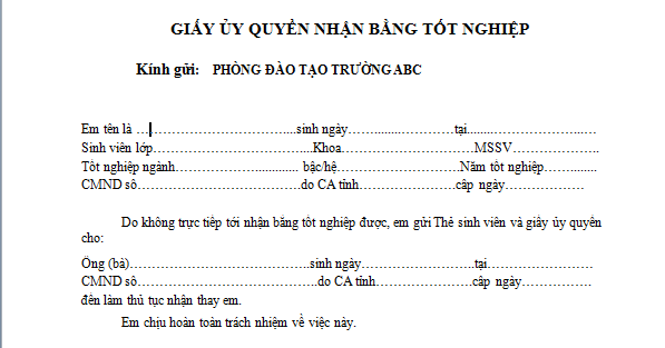 Mẫu Giấy ủy quyền nhận bằng tốt nghiệp mới nhất