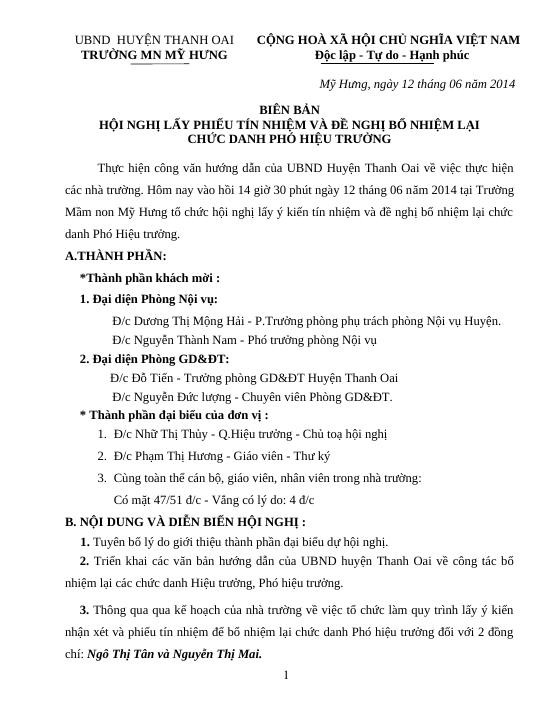 Biên bản họp bổ nhiệm lại phó hiệu trưởng