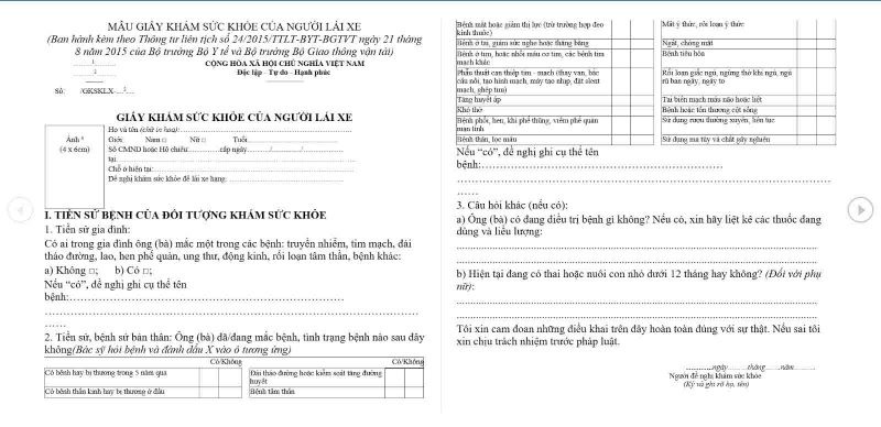Giấy khám sức khỏe xin việc lái xe