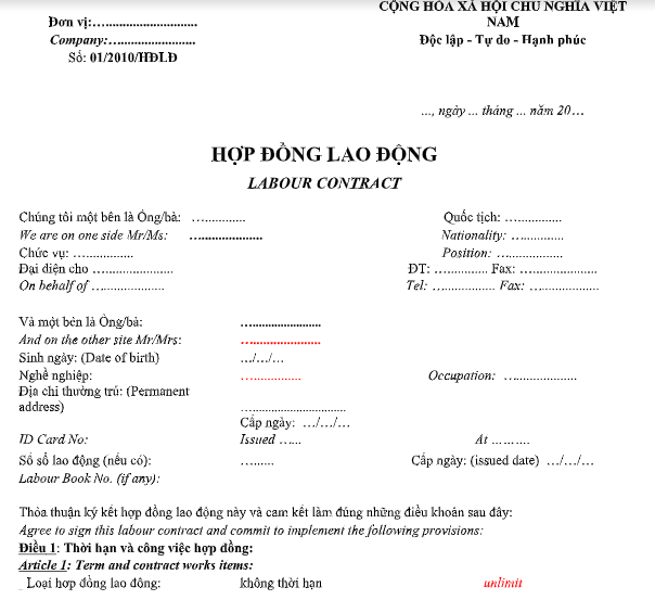 Hợp đồng thử việc song ngữ