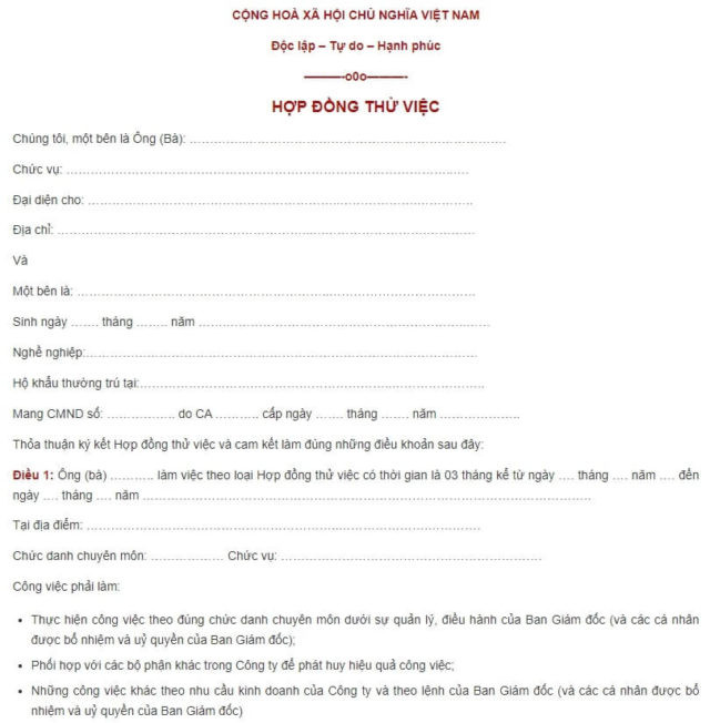 Hợp đồng thử việc tài xế