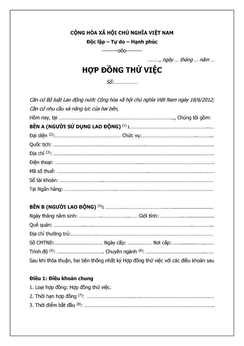 Mẫu hợp đồng thử việc nhà hàng