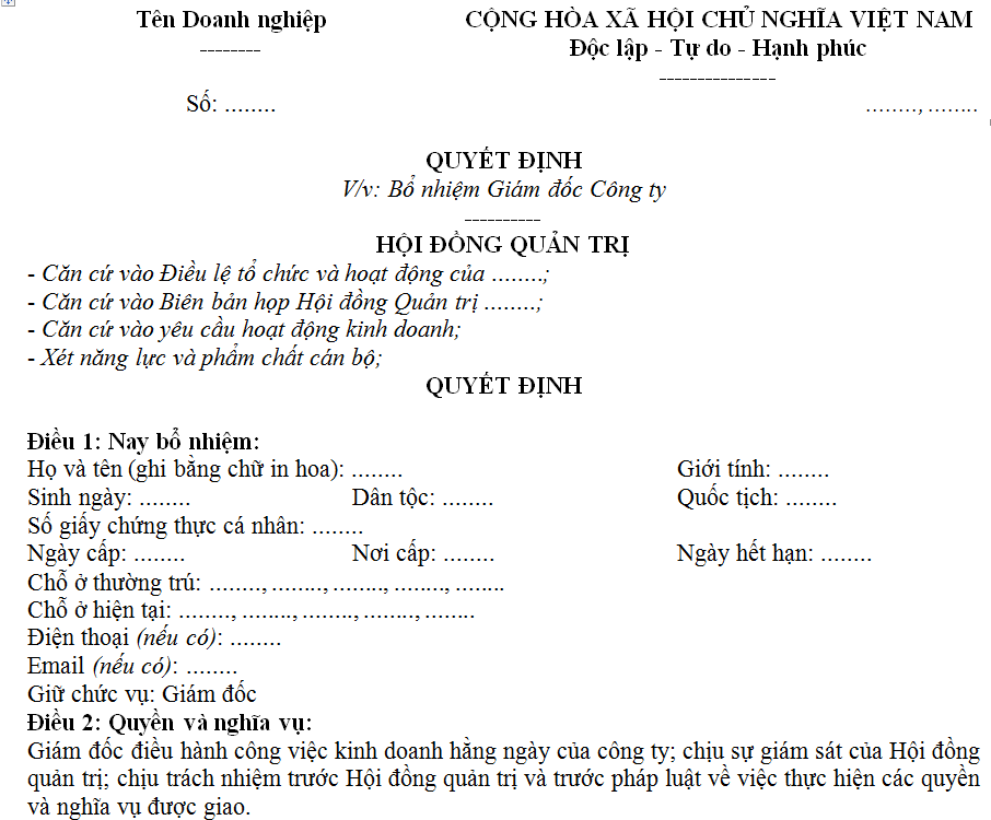 Quyết định bổ nhiệm giám đốc bệnh viện