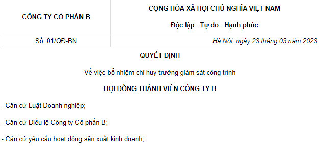 Quyết định bổ nhiệm giám sát công trình