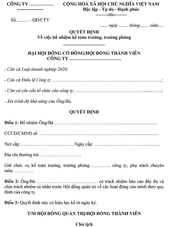 Quyết định bổ nhiệm trưởng phòng hành chính