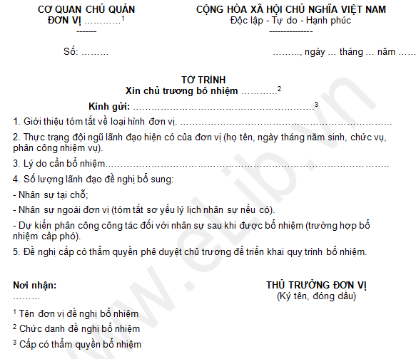 Tờ trình đề nghị bổ nhiệm