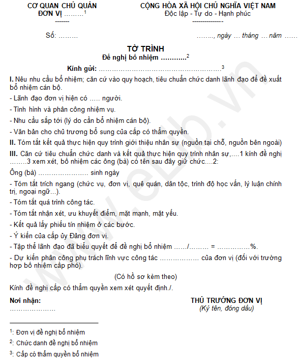 Tờ trình đề nghị bổ nhiệm