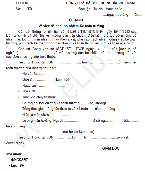 Tờ trình đề nghị bổ nhiệm
