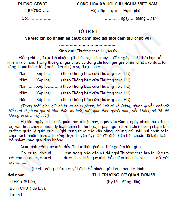 Tờ trình đề nghị bổ nhiệm