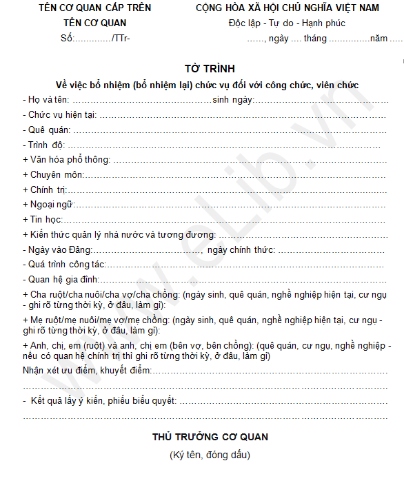 Tờ trình đề nghị bổ nhiệm