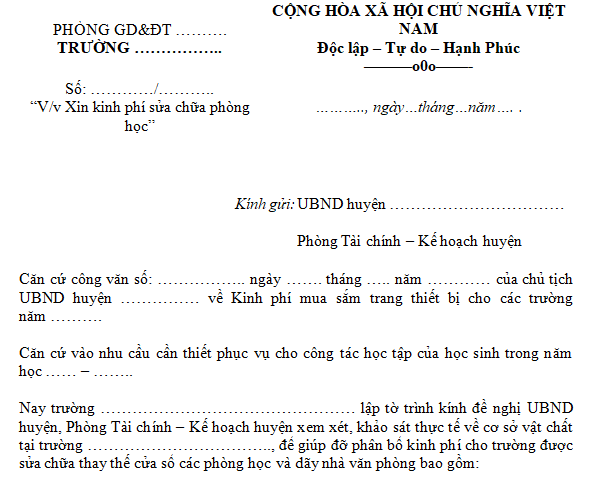 Mẫu tờ trình đề nghị sửa chữa cơ sở vật chất