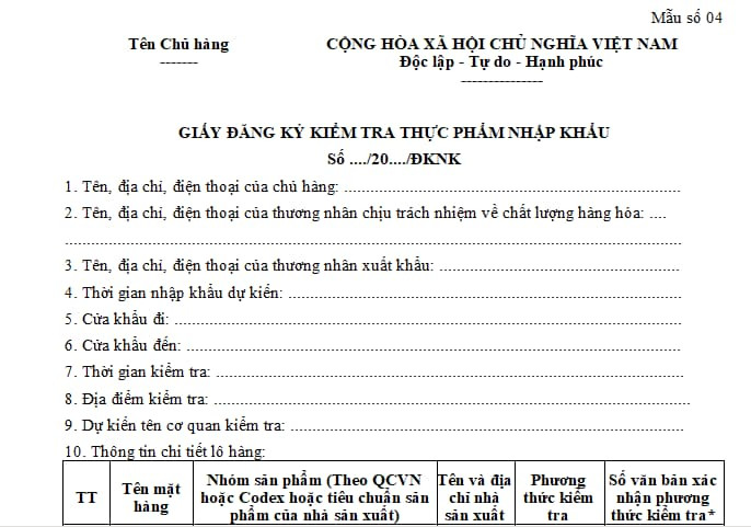 Hồ sơ đăng ký kiểm tra nhà nước về an toàn thực phẩm