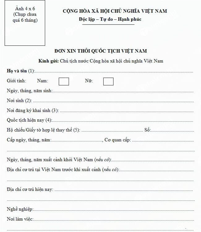 Mẫu đơn xin thôi Quốc tịch tại Việt Nam