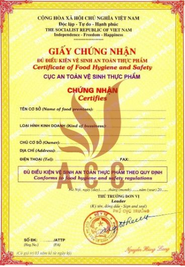 giấy chứng nhận cơ sở đủ điều kiện an toàn thực phẩm