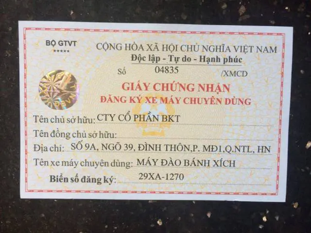 Mẫu Giấy Chứng Nhận Đăng Ký Xe Máy Chuyên Dùng Theo Thông Tư 22/2019/TT-BGTVT