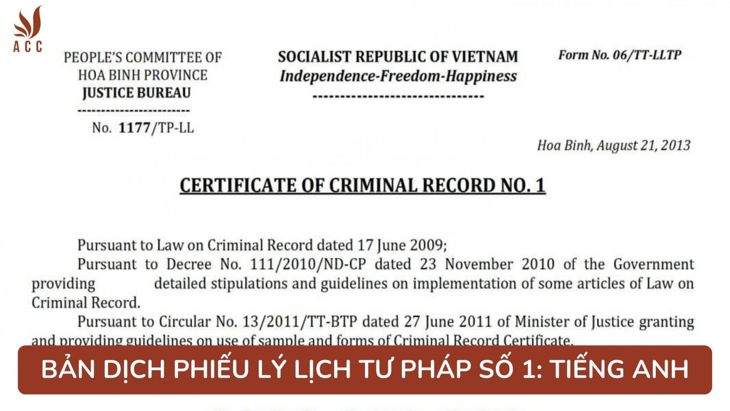Bản dịch phiếu lý lịch tư pháp số 1: tiếng Anh