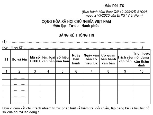 Mẫu bảng kê thông tin bảo hiểm xã hội