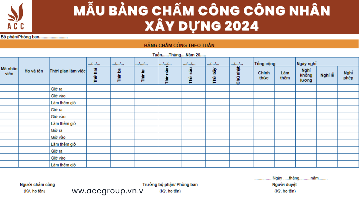 Mẫu bảng chấm công công nhân xây dựng 2024