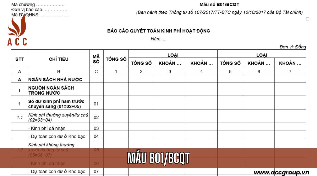 Mẫu báo cáo quyết toán kinh phí hoạt động: B01/BCQT