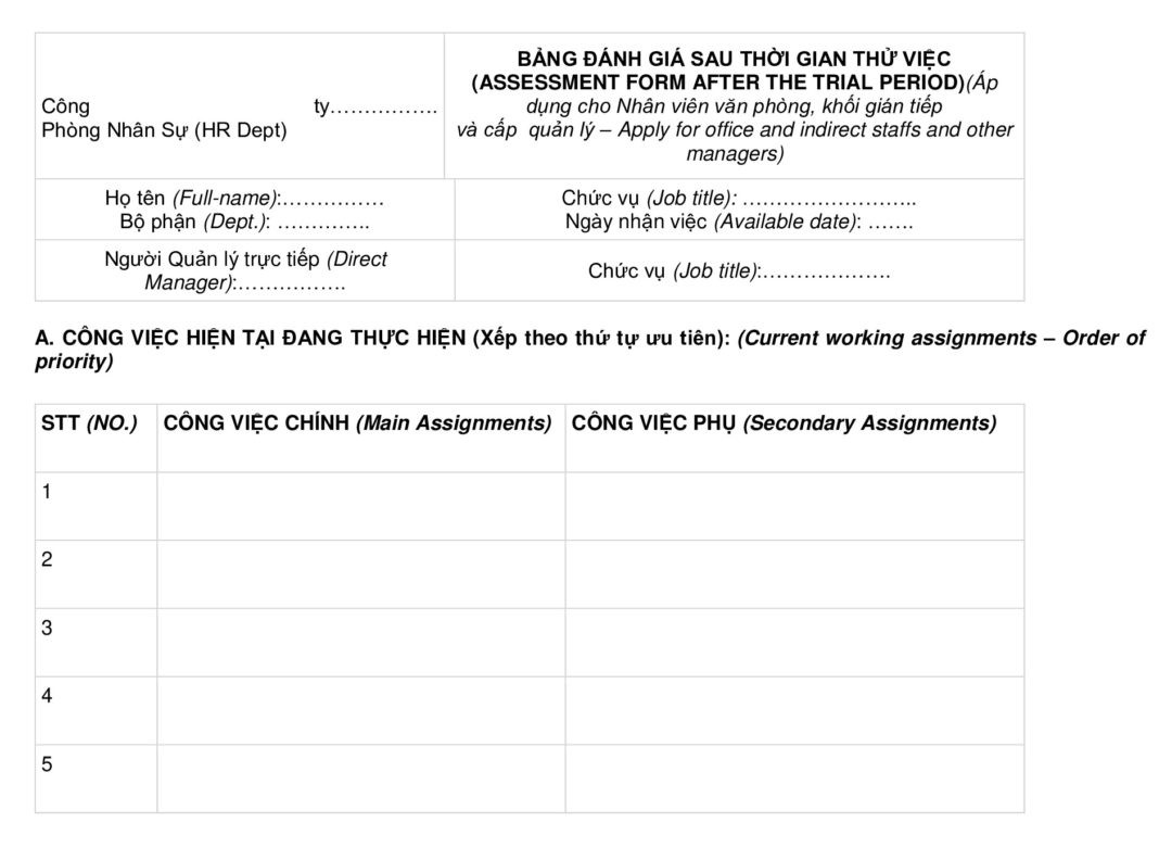 Mẫu đánh giá nhân viên thử việc