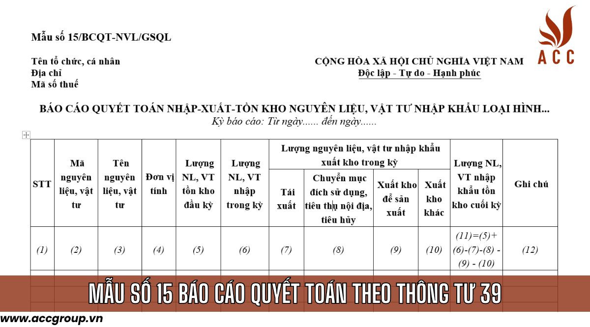 Mẫu số 15 báo cáo quyết toán theo thông tư 39