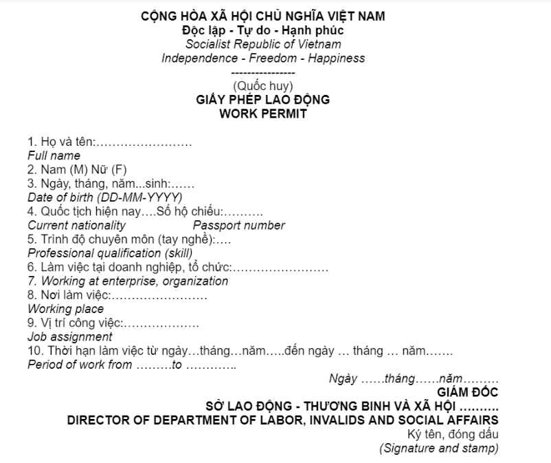 Mẫu giấy phép lao động tiếng Anh