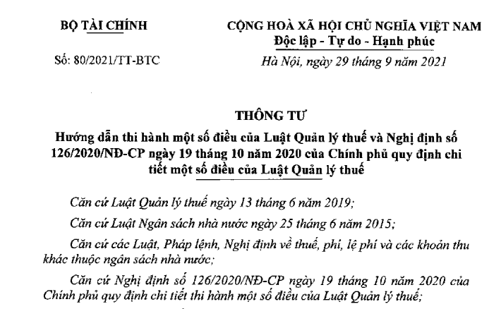 Thông tư 80/2021/TT-BTC hướng dẫn Luật Quản lý thuế và Nghị định 126/2020