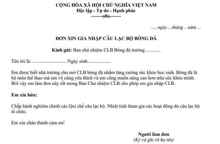 Mẫu đơn xin gia nhập câu lạc bộ bóng đá