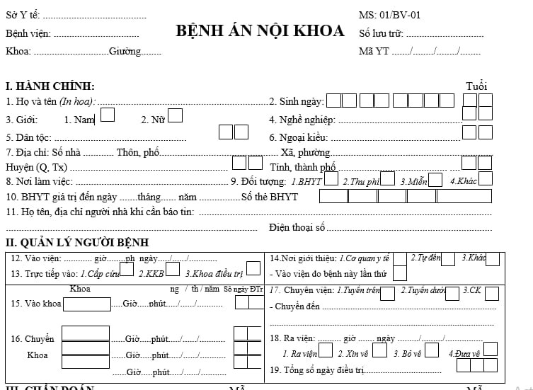 Mẫu bệnh án nội khoa mới nhất 2024
