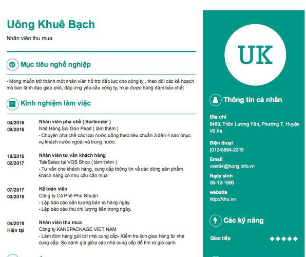 Mẫu CV xin việc nhân viên thu mua