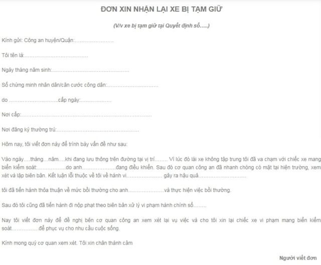 Mẫu đơn xin nhận lại xe bị tạm giữ 