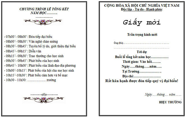 Mẫu giấy mời dự lễ tổng kết năm học 2024