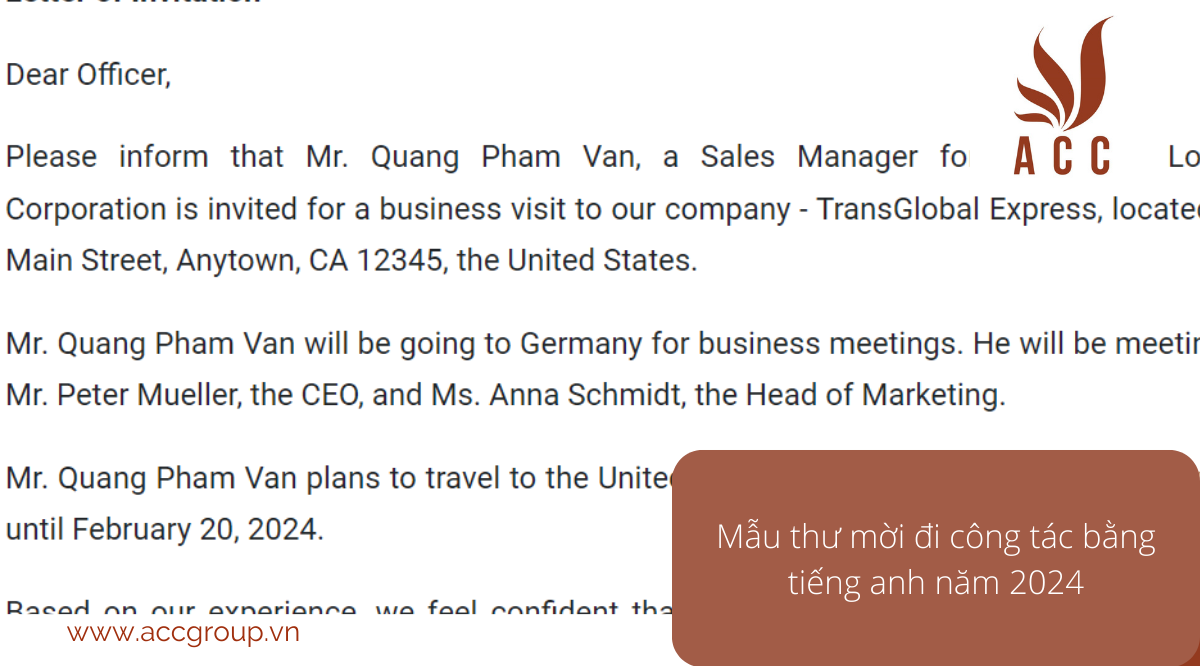 Mẫu thư mời đi công tác bằng tiếng anh năm 2024