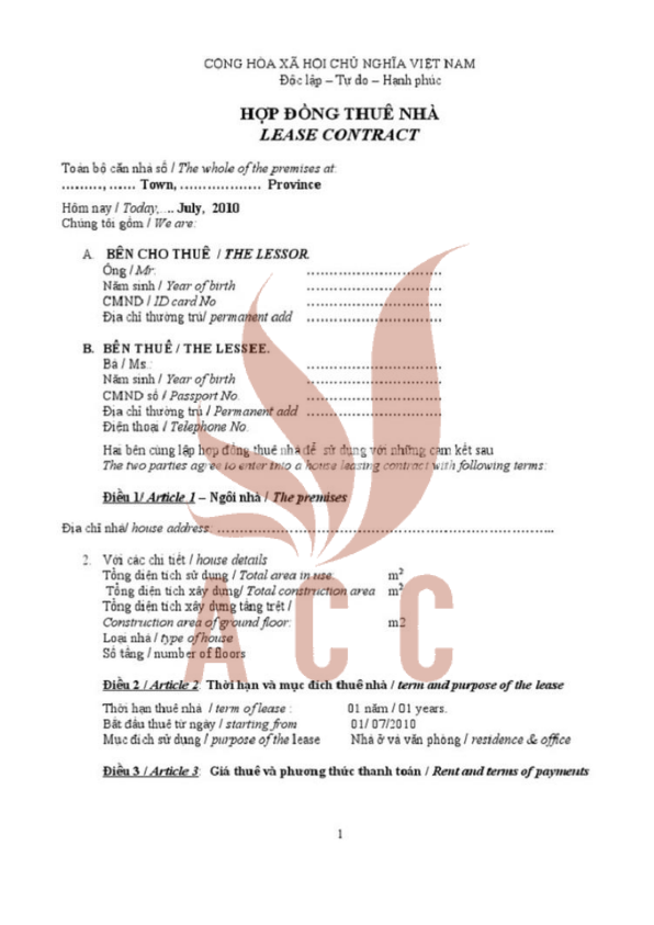 Mẫu hợp đồng thuê căn hộ song ngữ cho người nước ngoài