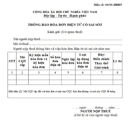 Mẫu 04/SS-HĐĐT: Thông báo hóa đơn điện tử có sai sót năm 2024