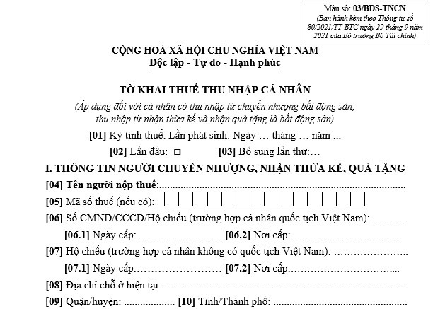 Mẫu tờ khai thuế thu nhập cá nhân khi mua nhà đất 2024