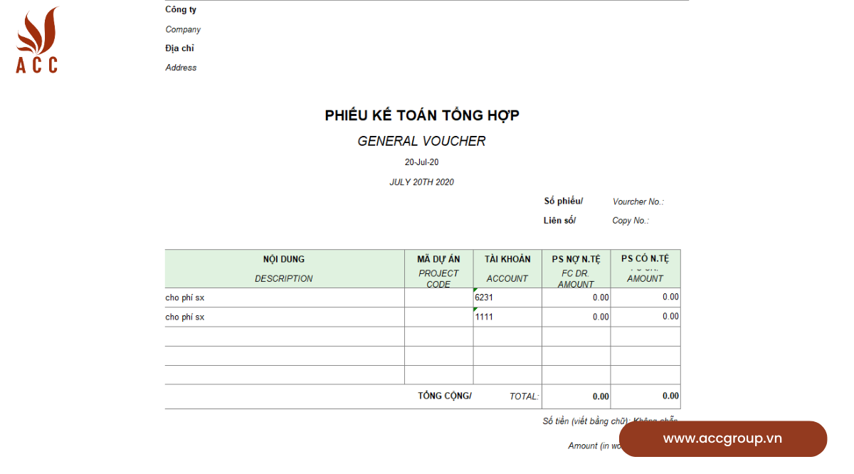 Nội dung trong phiếu kế toán