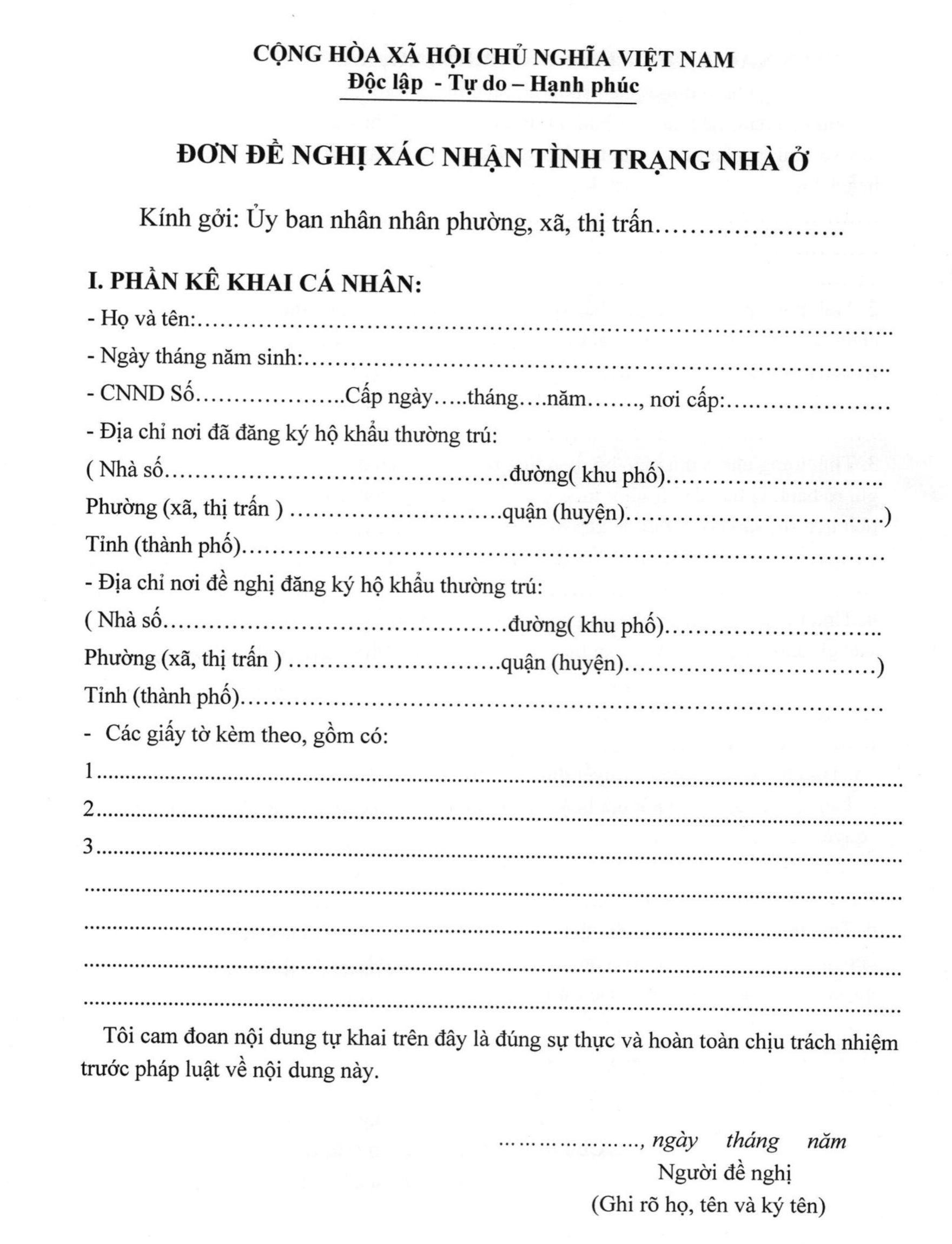 đơn xin xác nhận tình trạng nhà ở