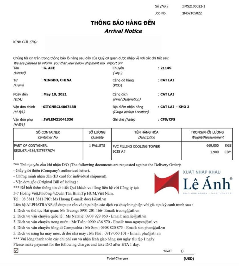 Mẫu giấy thông báo hàng đến (Arrival Notice)