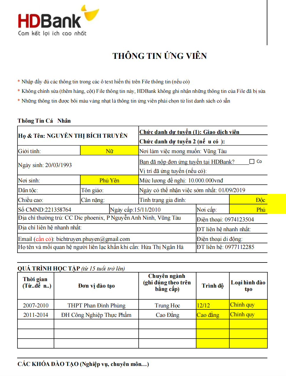 Mẫu đơn ứng tuyển HDBank - mẫu CV gây ấn tượng