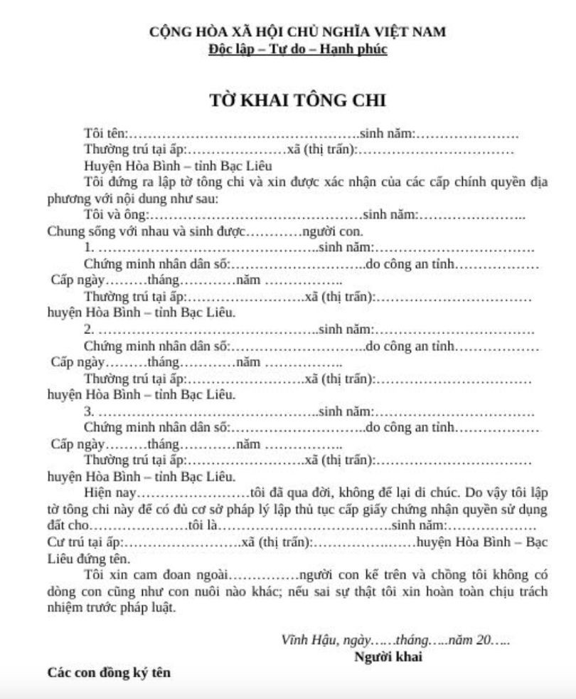 Mẫu tờ khai tông chi mới nhất hiện nay