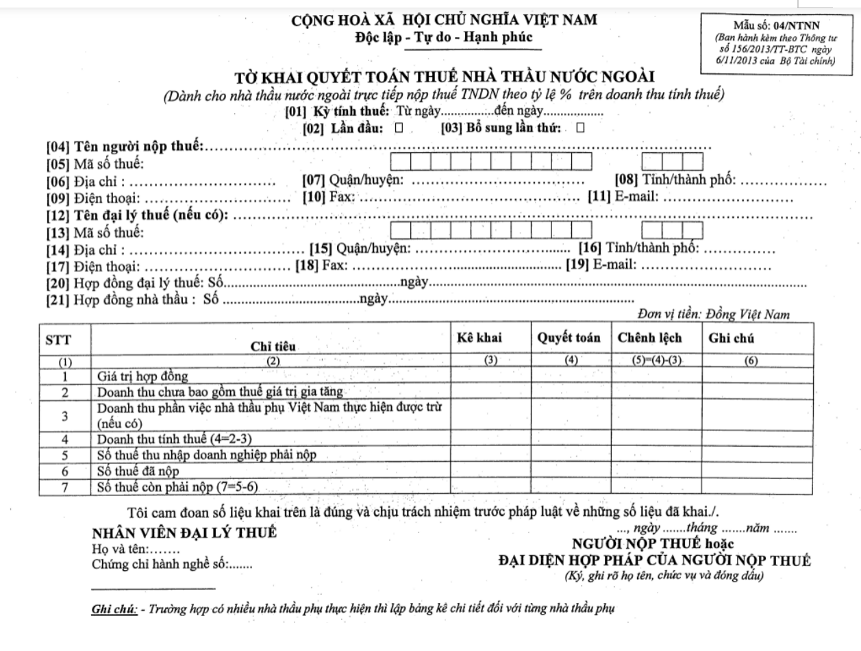 Mẫu tờ khai quyết toán thuế nhà thầu nước ngoài (Mẫu số 04/NTNN)