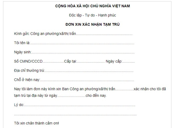 Đơn xin xác nhận tạm trú cho người nước ngoài