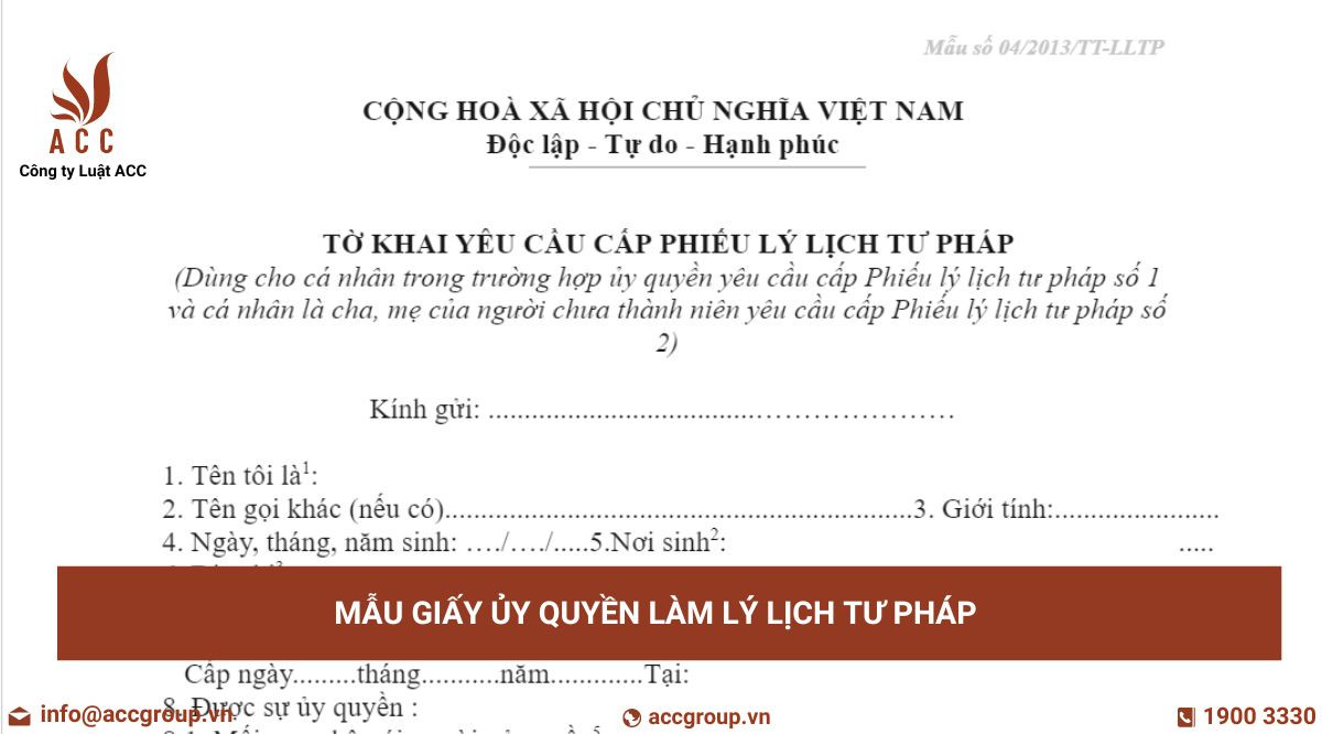 Mẫu giấy ủy quyền làm lý lịch tư pháp