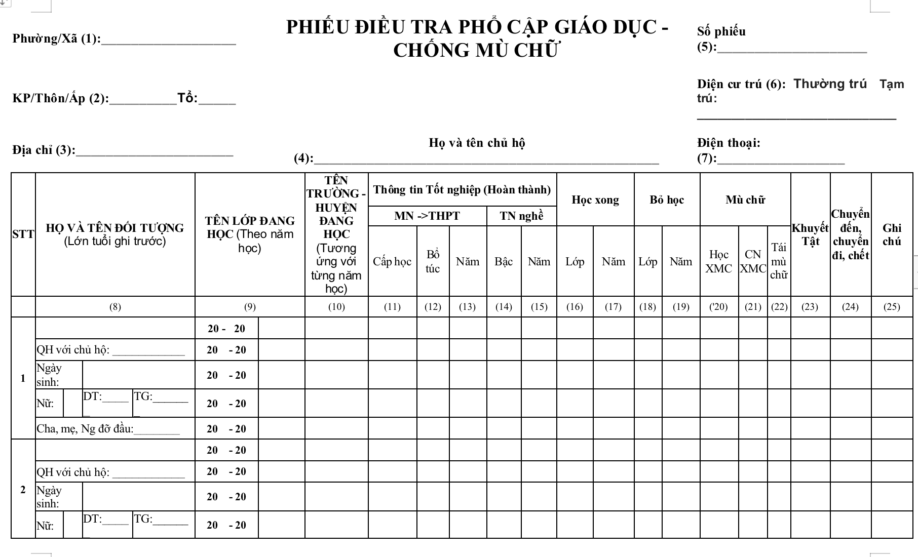 Mẫu phiếu điều tra phổ cập giáo dục - chống mù chữ