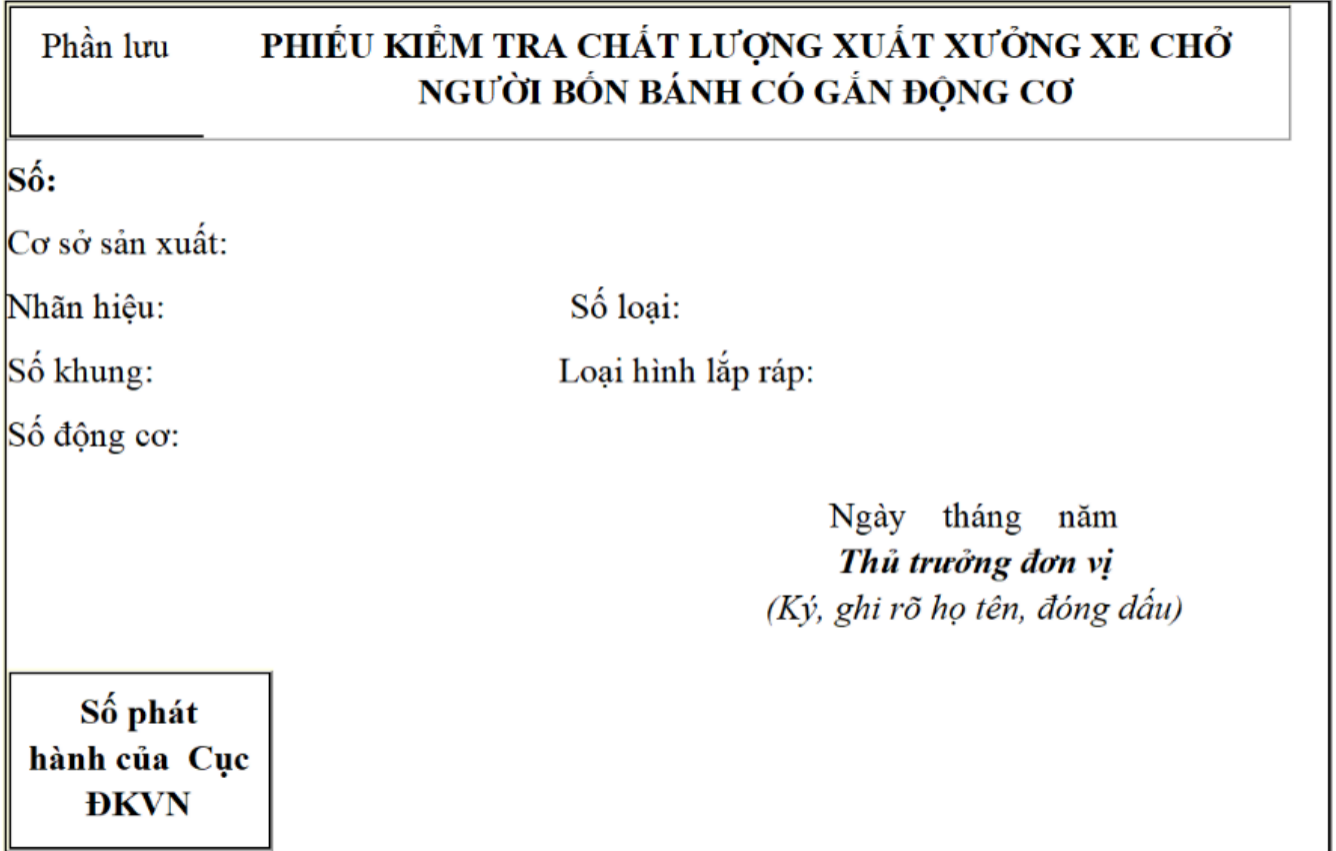 Mẫu phiếu kiểm tra chất lượng xuất xưởng xe chở người bốn bánh có gắn động cơ
